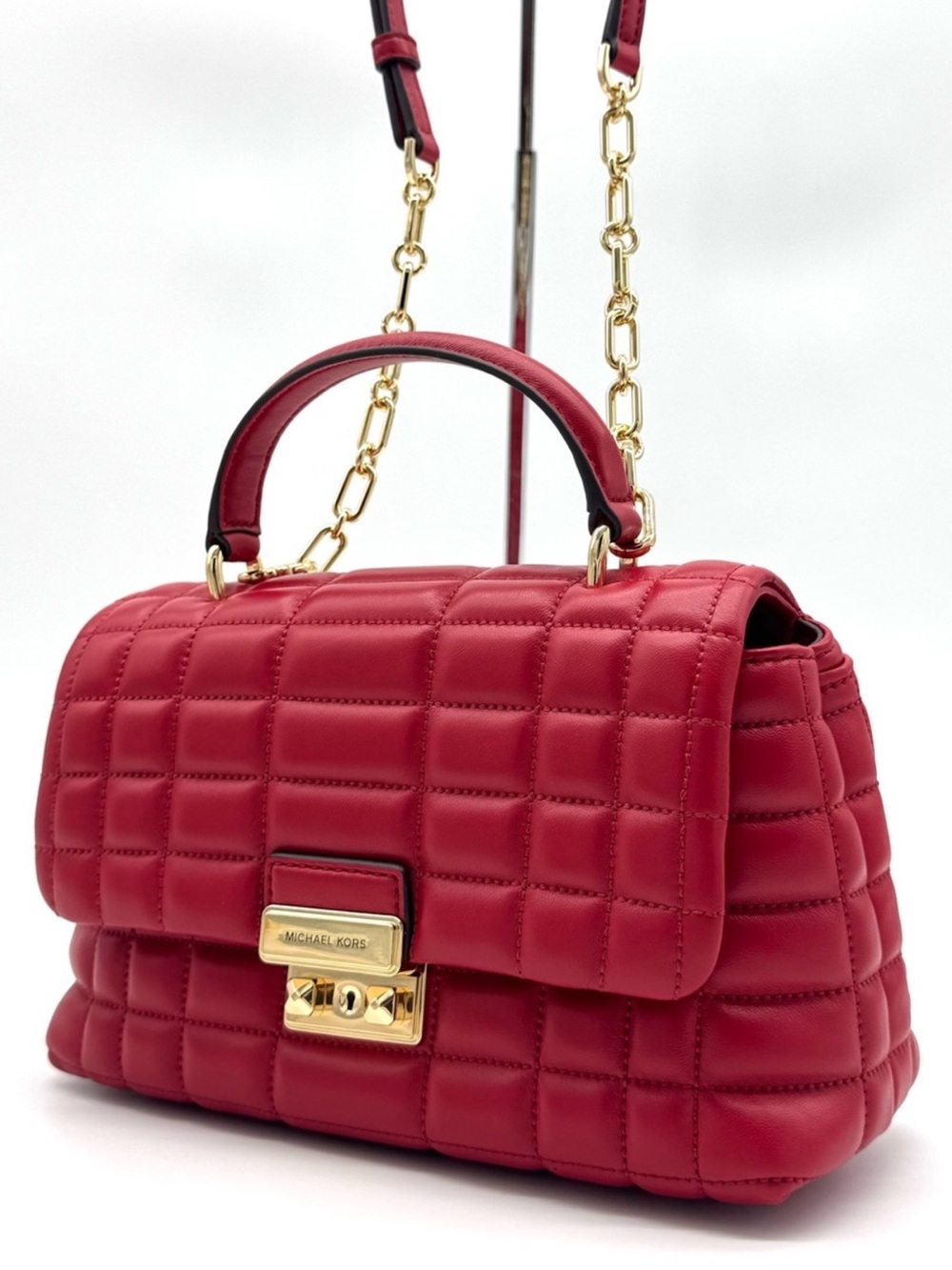 Michael Kors Tribeca Medium Quilted Leather Satchel Bag Crimson Red